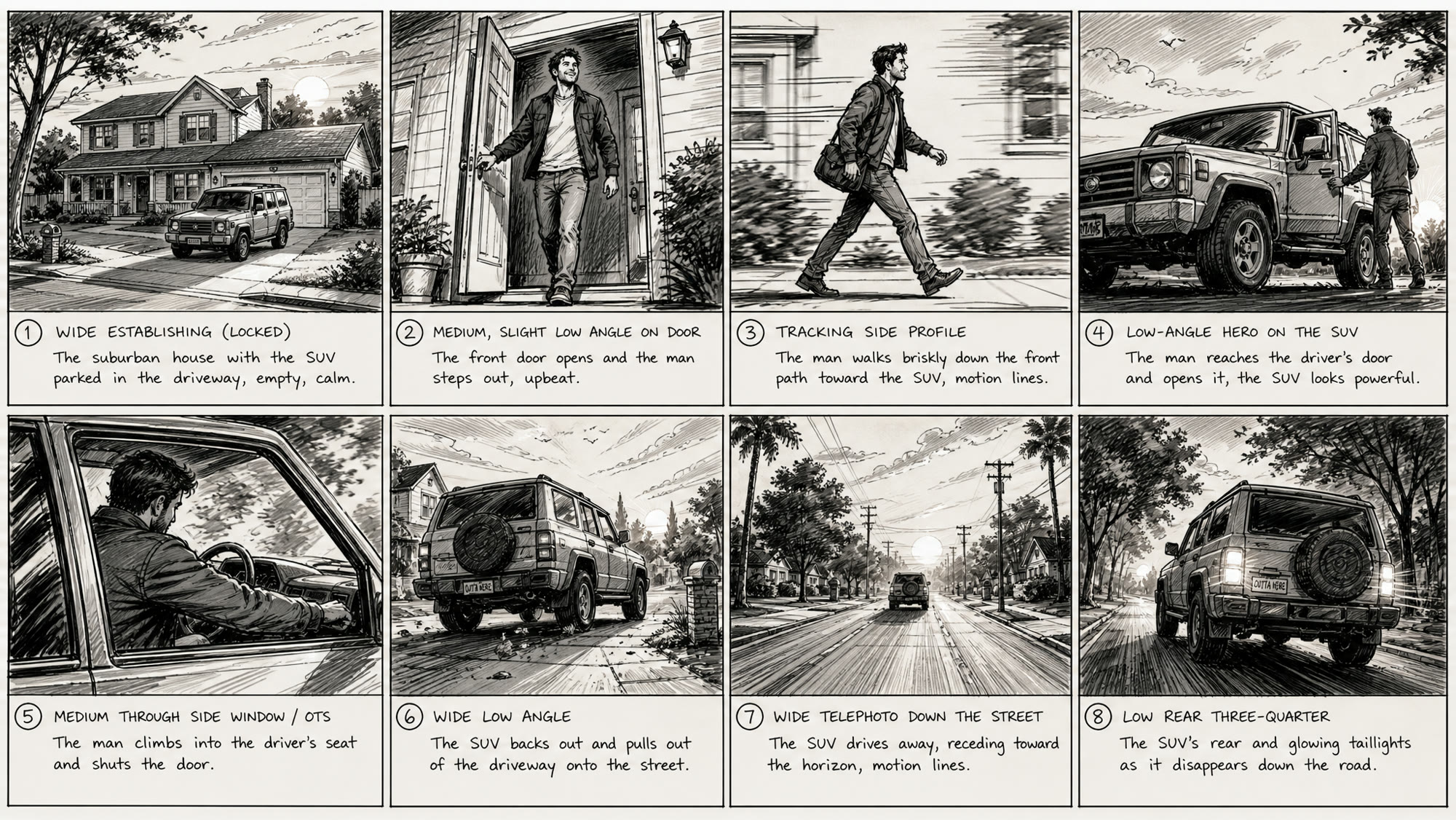 The eight panel previs, one panel per shot. Rough by design, so the engine reads it as blocking and not final look.