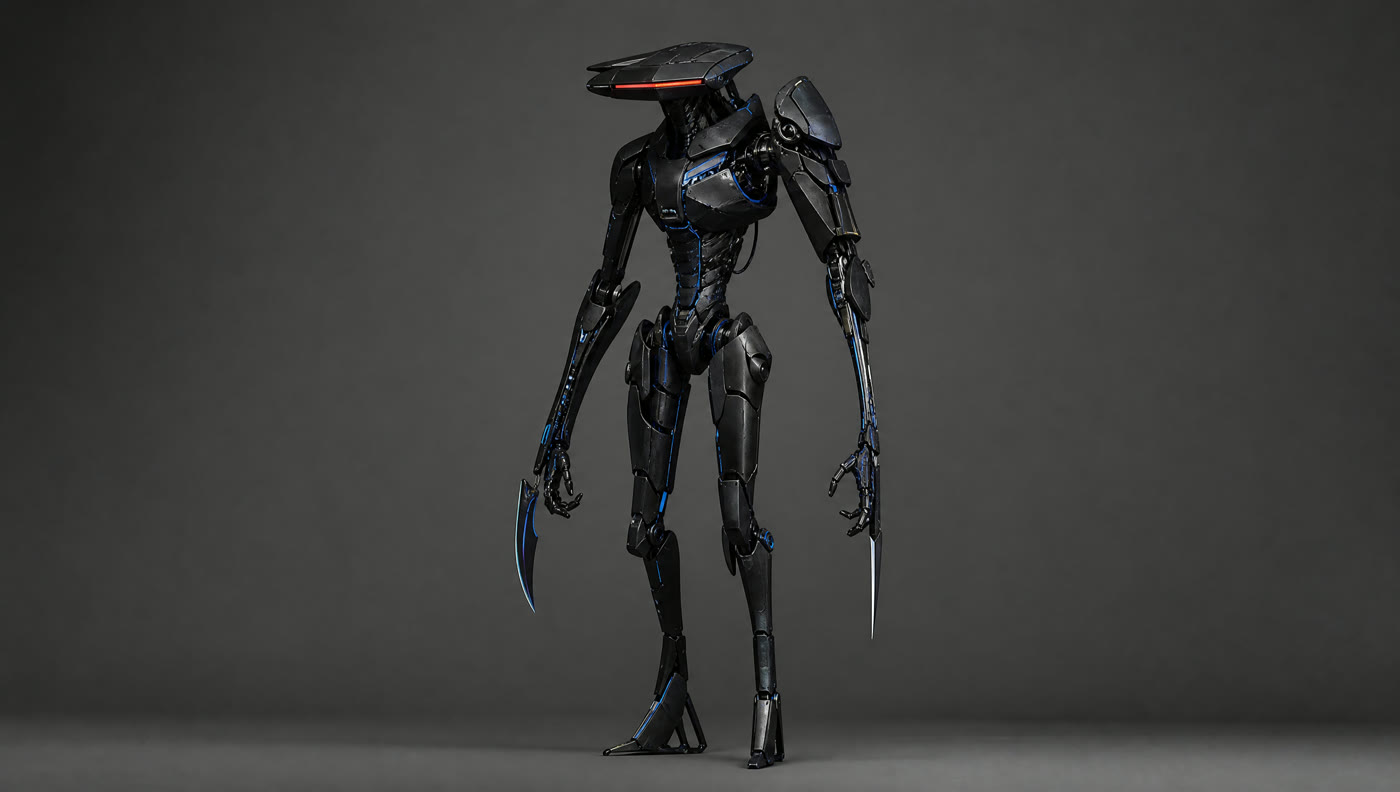 Robot design one, the blade armed humanoid. Slender, red visor slit, curved claws.