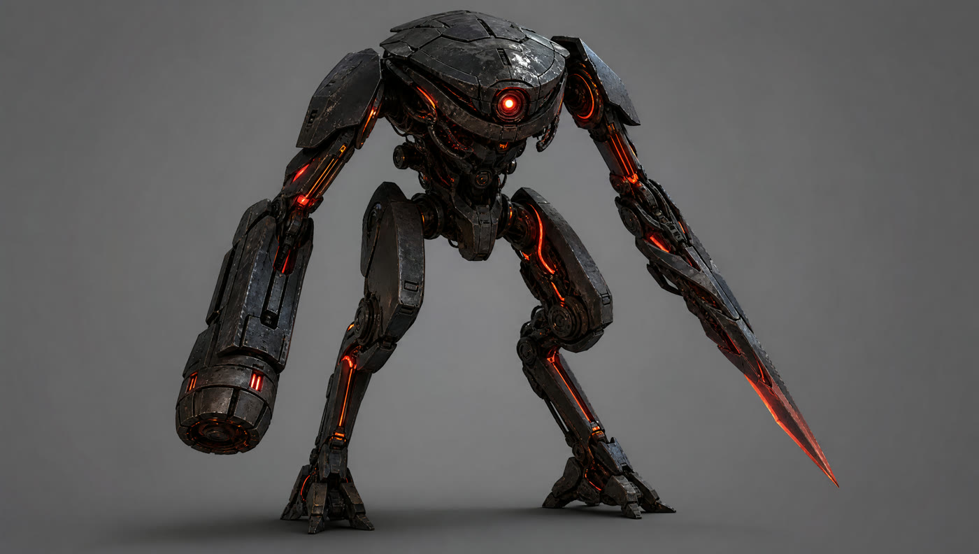 Robot design two, the heavy bruiser. Hunched and gorilla like, arm cannon, glowing orange joints.