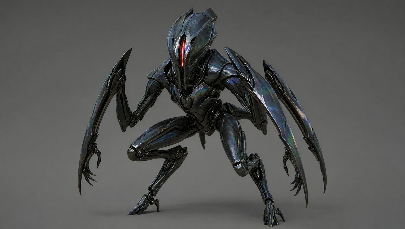Robot design three, the insectoid. Glossy black shell, single red slit, scythe limbs splayed low.